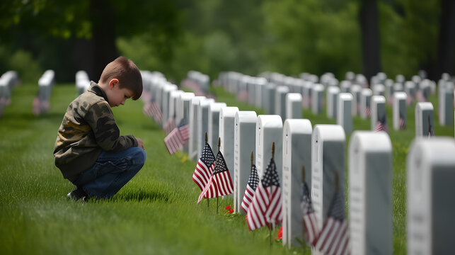 memorial day boy sitting in front of tombstone generative art