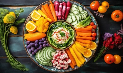  a platter of vegetables and fruits arranged in a circle.  generative ai