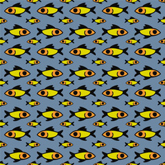 Vector seamless pattern with fishes on blue background.