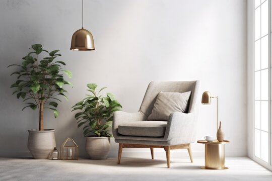 cozy living room with plants and a comfortable chair. Generative AI