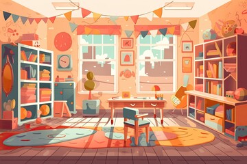 cozy and colorful child's room with a desk, bookshelf, and toys. Generative AI