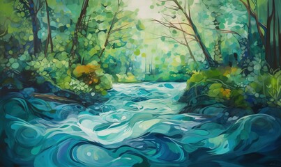  a painting of a river running through a forest filled with trees.  generative ai