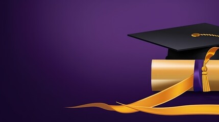 A purple and gold banner with a graduation cap and diploma for Graduation. With empty space for text. Generative ai.