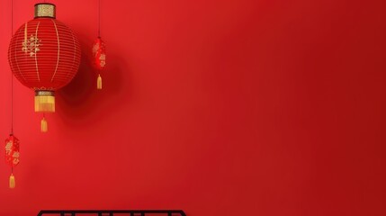 A red banner with a Chinese lantern for Chinese New Year. With empty space for text. Generative ai.