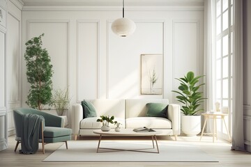 Fototapeta na wymiar cozy living room with furniture and plants. Generative AI