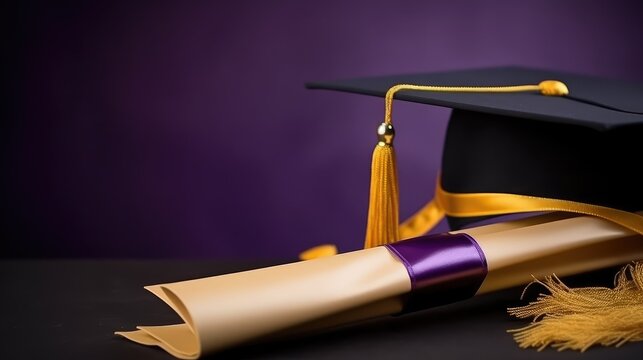 A purple and gold banner with a graduation cap and diploma for Graduation. With empty space for text. Generative ai.