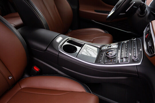 Leather interior of a premium car. The interior of a modern car. 