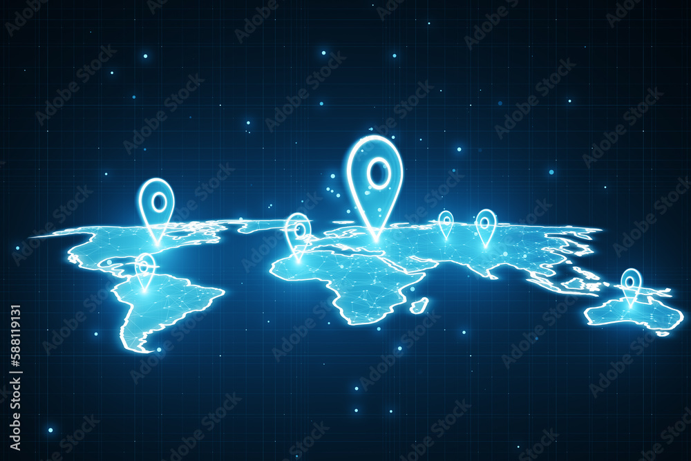 Poster glowing map with location pins on blurry blue background. GPS and navigation concept. 3D Rendering.