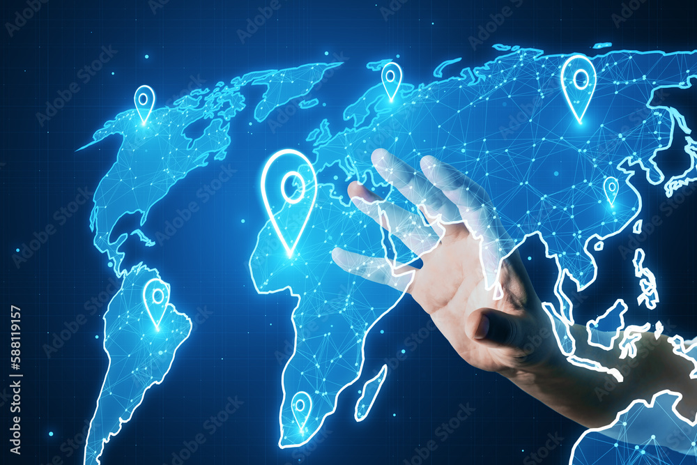 Poster close up of hand using glowing map with location pins on blurry blue background. gps and navigation 