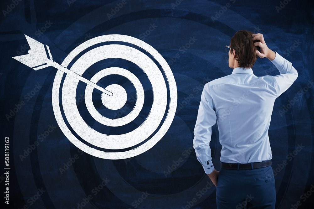 Poster back view of thoughtful young man looking at hand drawn target and arrow on blue background. goal an