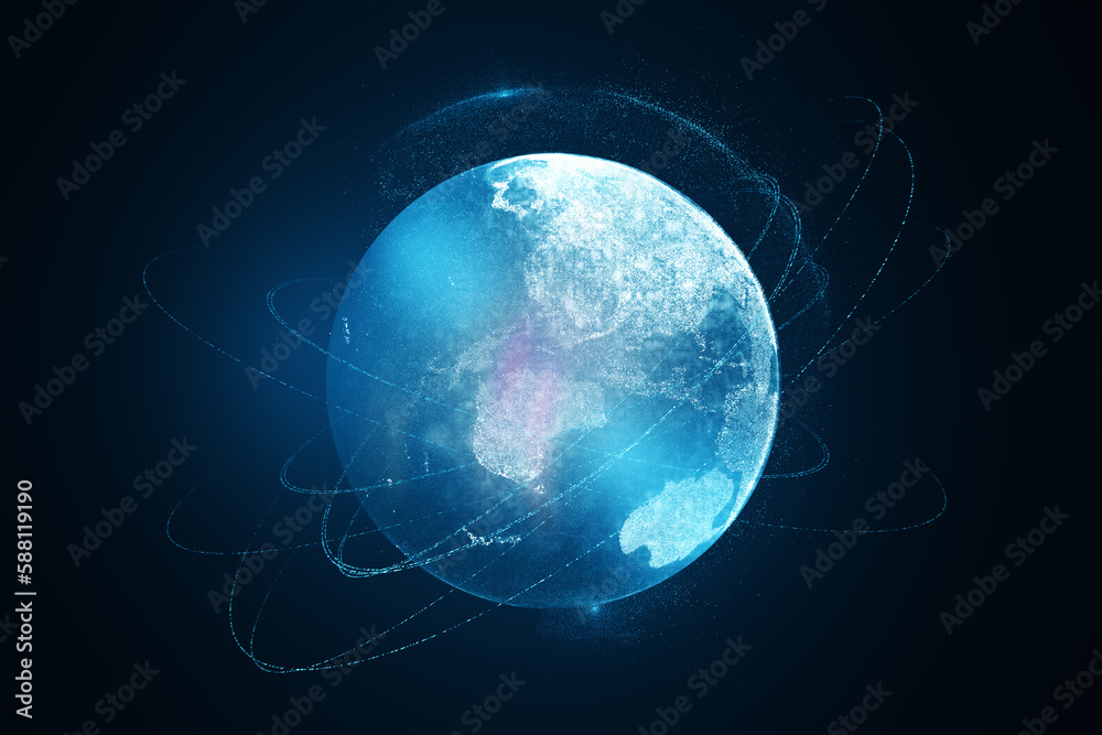 Poster Abstract glowing globe with connection lines on dark background. Digital world and technology concept. 3D Rendering.