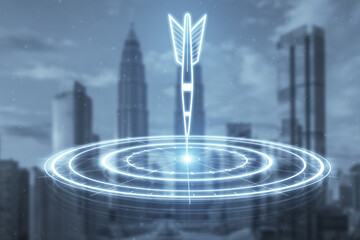 Digital bullseye aim with arrow hologram on blurry city wallpaper. Aiming, success and targeting concept. Double exposure.