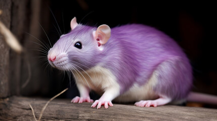 A close-up view of a purple rat on a wooden post. Generative AI.