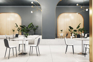 Contemporary gray cafeteria or restaurant interior with furniture and decor. Designs concept. 3D Rendering.