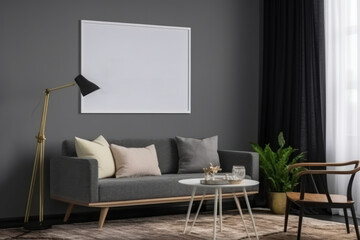 Mockup poster frame in modern interior background, living room. Generative AI