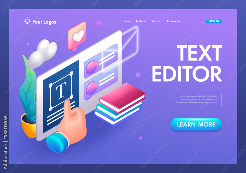 Wall mural 3d isometric, cartoon. text editing program. a mobile application on a tablet. trending landing page
