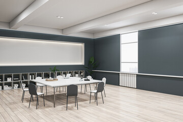Clean wooden and concrete meeting room interior with long mock up panel and furniture. Boardroom, law and legal concept. 3D Rendering.