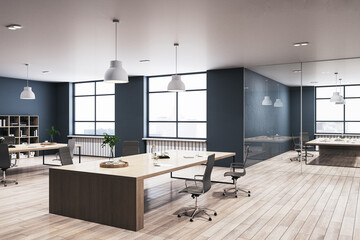 Modern concrete coworking office interior with wooden flooring, furniture, equipment and window with city view. Loft office designs. 3D Rendering.