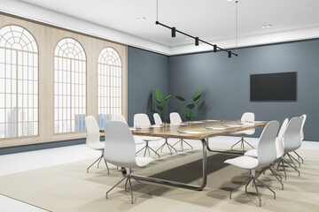 Contemporary conference room interior with carpet, furniture, equipment and tall windows with city view. 3D Rendering.