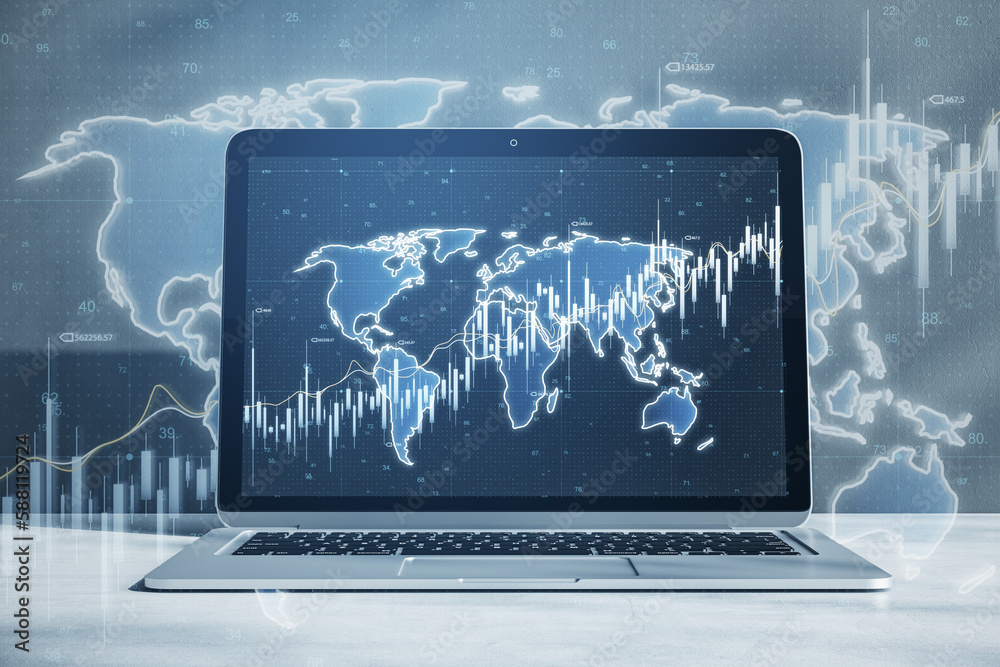 Poster close up of laptop with map and forex chart at workplace. trade, stock and global market concept. 3d
