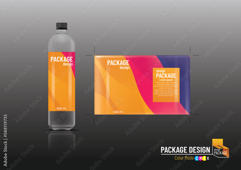 Wall mural package design, label & plastic bottles, curve background, vector illustration