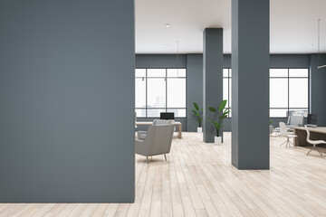 Modern loft coworking office interior with empty mock up place on wall, panoramic windows, wooden flooring, furniture, equipment and no people. 3D Rendering.