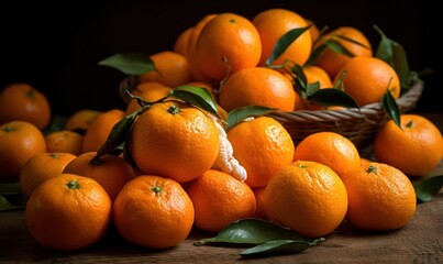  a pile of oranges sitting on top of a wooden table.  generative ai