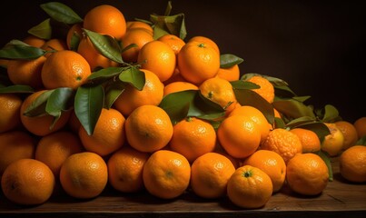  a pile of oranges sitting on top of a wooden table.  generative ai