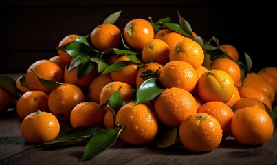  a pile of oranges sitting on top of a wooden table.  generative ai