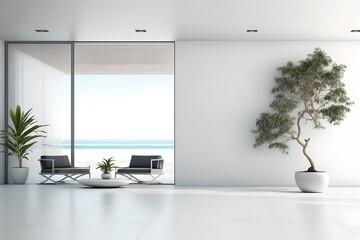 Luxury spacious interior with a white wall and views of the sea, generative ai