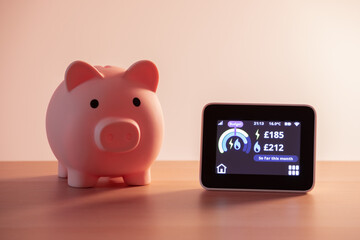 Smart meter, energy meter. Checking domestic electricity and gas use. Smart meter reading over budget. Piggy bank, savings. - obrazy, fototapety, plakaty