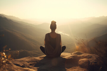 Woman in yoga zen pose meditating on a mountain at sunrise or sunset. Balance and stability, meditation relaxation and peace. Natural therapy contemplation therapy. Ai generated