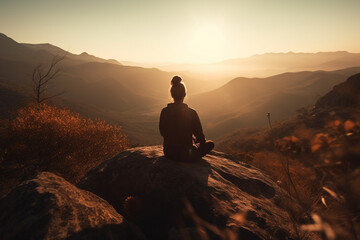 Obraz premium Woman in yoga zen pose meditating on a mountain at sunrise or sunset. Balance and stability, meditation relaxation and peace. Natural therapy contemplation therapy. Ai generated