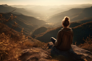 Obraz premium Woman in yoga zen pose meditating on a mountain at sunrise or sunset. Balance and stability, meditation relaxation and peace. Natural therapy contemplation therapy. Ai generated