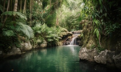  a small pool of water surrounded by lush green trees and rocks.  generative ai