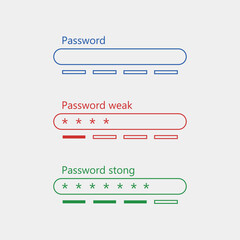 Password weakand strong interface.   Security bar. Safety requirement. Form template for website. Vector illustration 