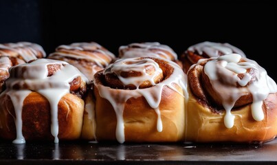  a bunch of cinnamon rolls with icing on a table.  generative ai - obrazy, fototapety, plakaty