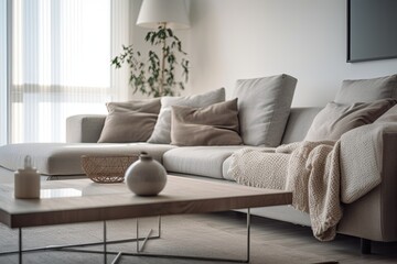 cozy living room with a comfortable couch and a stylish coffee table. Generative AI