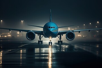 Passenger plane at night at the airport created with Generative AI technology.