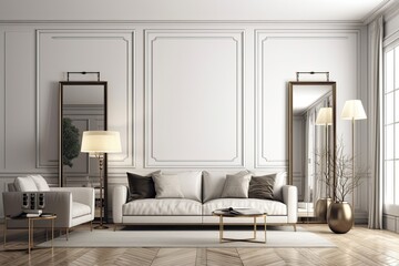 modern living room with a white couch and a decorative mirror. Generative AI