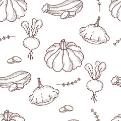  Seamless pattern with vegetables. Pumpkin, beets, striped zucchini with squash with spicy plants.  Linear hand drawings.