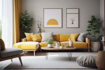 Fototapeta na wymiar modern living room with yellow and grey furniture. Generative AI