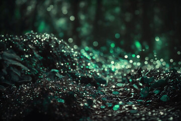 green and black colored glowing glow bokeh out of focus blurred particles and lights and waves.  Abstract glamour high tech technology background. Generative AI