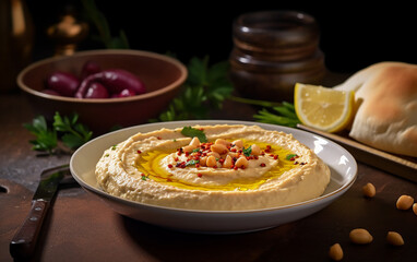 Smooth hummus drizzled with olive oil and sprinkled with diced tomato, accompanied by warm pita bread."
