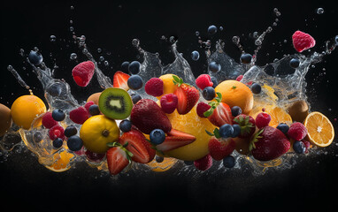 Explosion of fresh mixed fruit with water splashes on a black background.