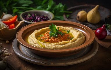 Creamy hummus topped with paprika and parsley in a clay dish with garnishes.