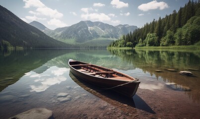 Obraz premium a boat is sitting on the shore of a mountain lake. generative ai