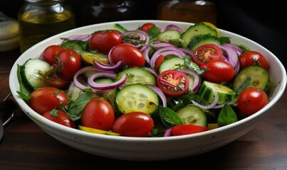  a white bowl filled with cucumbers, onions, tomatoes and onions.  generative ai