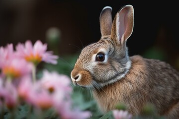 Fototapeta premium The rabbit nibbling on a pink flower Generative AI