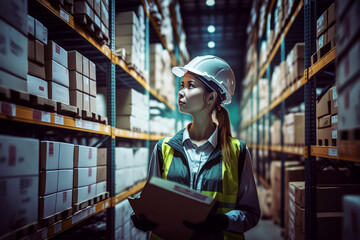 smart woman worker wearing work suit and cargo hold safety helmet for pile of goods for delivery. female worker inspecting shop factory. warehouse industry. Inspection quality control. Generative AI